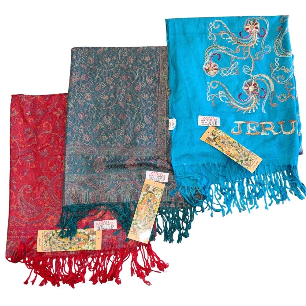 Lot of 3 Jerusalem 100% Cashmere Pashmina Scarves Bundle 70x28 Paisley NWT